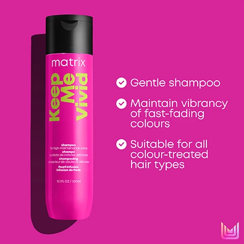 Image 1, keep me vivid shampoo - gentle shampoo, maintain vibrancy or fast fading colours. suitable for all colour treated hair types. image 2, keep me vivid conditioner - colour vibrancy conditioner, keeps high maintenance colour vibrant. suitable for all colour treated hair types. image 3, mega sleek - heat protection for up to 230 degrees, smooths hair and provides all day humidity resistance, leaves hair feeling softer and smoother without adding weight. infused with shea butter.