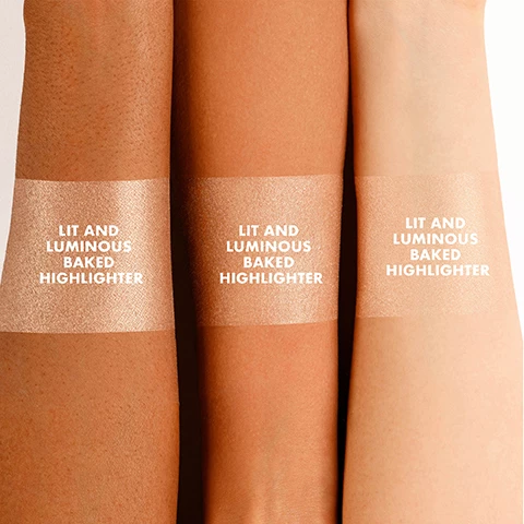 Image 1, swatches of lit and luminous baked highlighter on three different skin tones. image 2, before and after wearing lit and luminous baked highlighter.