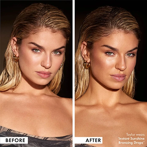 Image 1 and 2, before and after. image 3, instant sunshine bronzing drops. image 4, how to use = instant sunshine bronzing drops with super smoother blurring skin tint. apply 1-2 drops of bronzing drops to skin tint. mix on back of hand. apply all over with fingertips or a base brush. apply makeup on top for a summery sunkissed complexion. use bronzing drops to add glow to decolletage too. image 5, how to use instant sunshine bronzing drops with underglow blurring primer. apply 1-2 drops of bronzing drops to primer. mix on the back of hand. apply all over with fingertips. apply makeup on to for a lit from within glow. dab on bronzing drops on high points for a sunkissed highlight.