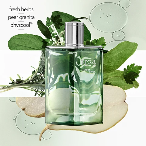 Image 1, fresh herbs, pear granita, physcool. image 2, H24 eau de toilette - rosewood, clary sage, narcissus. H24 eau de parfum - clary sage, oakmoss, sclarene. H24 herbes vives - fresh herbs, pear granita, physcool