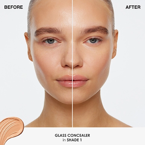 A close-up image of a womans face divided in half, with the left side labelled BEFORE showing natural skin without makeup and the right side labelled AFTER displaying the same woman with smooth, enhanced skin after applying concealer, with visible text stating GLASS CONCEALER in SHADE 1.