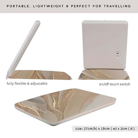 Image 1, portable, lightweight and perfect for travelling. fully flexiable and adjustable, on/off touch switch. size = 27cm (h) x 19cm (w) x 2cm (d). image 2, natural glow, warm glow, cool glow. image 3, highly lit LED light settings, made with stylish nude design. create flawless makeup