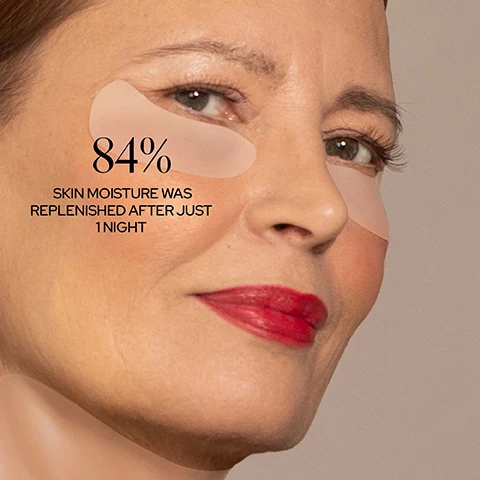 image 1, 84% skin moisture was replenished after just 1 night. Image 2, results you can see overnight. image 3, 81% crow's feet look softer and less noticeable after 1 night.