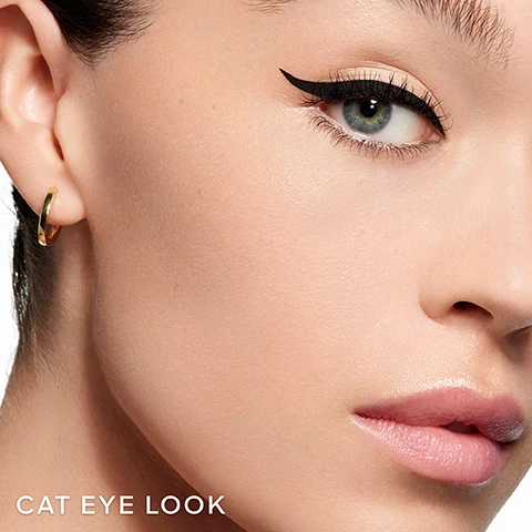 Image 1, cat eye look. image 2, graphic line look. image 3, cat eye look. image 4, graphic line look. image 5, a smudge-free application