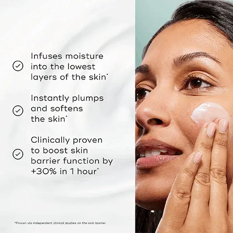 image 1, infuses moisture into the lowest layers of the skin. instantly plumps and softens the skin. clinically proven to boost skin barrier function by +30% in 1 hour. proven via independent clinical studies on the skin barrier. image 2, before and immediately after. 100 hours of clinically proven moisturisation. proven via independent clinical studies on the skin barrier. image 3, how to layer. AM = cleanse, vitamin c, moisturise, sunscreen. PM = cleanse, tone, vitamin a, moisturise. image 4, enjoy more moisture but less waste with the recyclable refill pod. 94% less packaging. when you buy the refill pod versus the full glass jar.