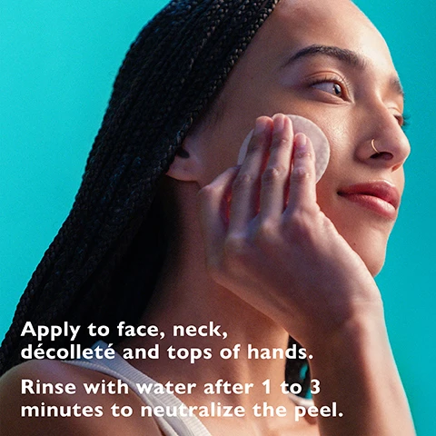 Image 1, apply to face, neck, decollete and tops of hands. rinse with water after 1-3 minutes to neutralize the peel. image 2, deeply saturated with a 2-% exfoliating complex. image 3, 20% exfoliating complex helps smooth the look of expression lines. amino acids help amplify absorption of treatment products. vitamin e, green tea and chamomile nourish skin and help calm the look of irritation. image 4, peptide skinjection routine. step 1 = exfoliating peel pads for expression lines and uneven texture. step 2 = daily serum for fine lines and wrinkles. step 3= daily moisturiser for youthful bounce and soothed lines