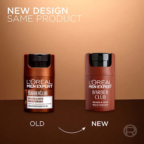 Image 2 - A comparison image shows two LOréal Men Expert Barber Club Beard & Skin Moisturiser bottles, the old design on the left with a white label and the new design on the right with text printed directly on the brown bottle, with a curved arrow between them, and includes the text NEW DESIGN SAME PRODUCT, OLD, LORÉAL MEN EXPERT BARBER CLUB BEARD & SKIN MOISTURISER CEDARWOOD ESSENTIAL OIL, NEW, LORÉAL MEN EXPERT BARBER CLUB BEARD & SKIN MOISTURISER. Image 3 - A reddish-brown LOréal Men Expert Barber Club Beard & Skin Moisturiser bottle with a black pump top sits on a wooden block, alongside text that reads DAILY 2-IN-1 BEARD & FACE MOISTURISER, SMOOTHER & MORE HYDRATED SKIN, and SHINIER, MORE GROOMED & FULLER LOOKING BEARD. Image 4 - A close-up of a brown LOréal Men Expert Barber Club Beard & Skin Moisturiser bottle with a black pump dispenser, featuring text that reads ECO DESIGNED WITH 80% RECYCLED PLASTIC*, LORÉAL PARIS MEN EXPERT BARBER CLUB BEARD & SKIN MOISTURISER, ENVIRONMENTAL SCORE B, impact compared to other LOréal Groupe products in the same category, and *EXCLUDING LABELS, MECHANISM, COLOURANT & ADDITIVE. Image 5 - A man with a mustache and tattoos holds a bottle of LOréal Men Expert BarberClub Beard + Face + Hair 3-in-1 Wash that deeply cleanses, removes beard flakes, conditions, and contains Cedarwood Essential Oil, against a barbershop backdrop, with the additional text LOréal Men Expert Join the Club Because Youre Worth It.