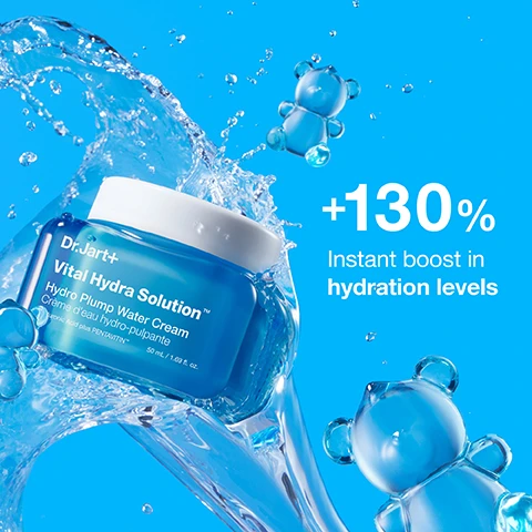 Image 1, +130% instant boost in hydration levels. image 2, pentavitin helps strengthen skin barrier. hyaluronic acid attracts and holds onto moisture. SJC CG supports water channels in skin for better moisture absorption.