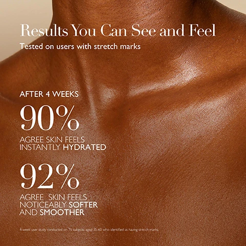 Image 1 - Close-up of a persons collarbone and shoulder area, showcasing smooth, glowing skin; visible text includes Results You Can See and Feel, Tested on users with stretch marks, AFTER 4 WEEKS, 90% AGREE SKIN FEELS INSTANTLY HYDRATED, 92% AGREE SKIN FEELS NOTICEABLY SOFTER AND SMOOTHER, and 4-week user study conducted on 76 subjects aged 35-60 who identified as having stretch marks.
              Image 2 - Image shows a light teal background with three labeled sections showcasing ingredients: Icelandic Microalgae with a description about improving skin barriers and reducing stretch marks, Vitamin C with a description about brightening tone and boosting elasticity, and Ceramide Complex with a description about hydration and skin resilience, with text reading Science Backed Ingredients at the top and Powered by The Healing Concentrate™ at the bottom.