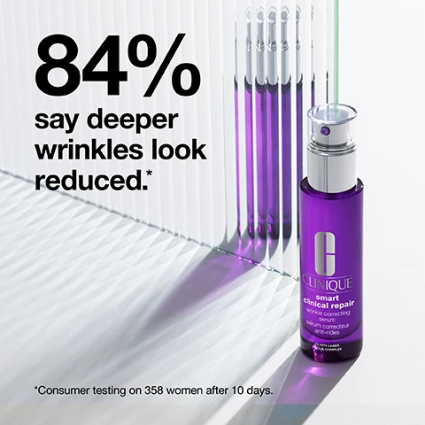 Image 1, 84% say deeper wrinkles look reduced. consumer testing on 358 women after 10 days. image 2, 85% say lines and wrinkles look reduced. consumer testing on 143 women after using the product for 4 weeks.