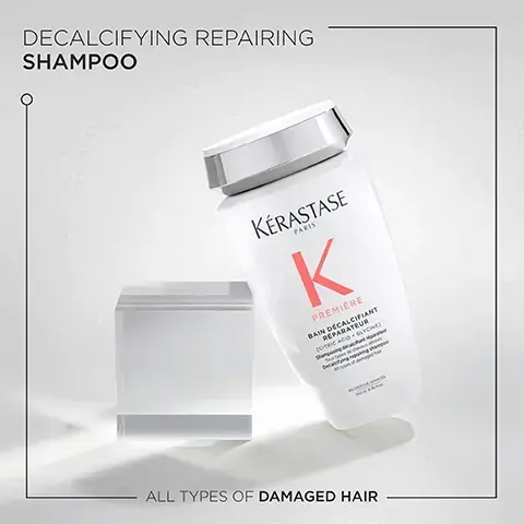 Decalcifying repairing shampoo. All types of damaged hair. Anti-rigidity decalcifying repairing conditioner. All types of damaged hair. White creamy texture, voluptuous foam, premiere decalcifying repairing shampoo. White jelly-like texture premiere anti-rigidity decalcifying repairing conditioner. Glycine, citric acid. Instrumental test on bleached hair after continued use of the full Premiere outings non-bleached hair before and after model shots Premiere. PREMIÈRE RANGE RESTORES HAIR'S ORIGINAL STRENGTH* DUAL ACTION REPAIR HAIRCARE FREES HAIR FROM CALCIUM BUILDUP THAT LEADS TO BREAKAGE HELPS RECONNECT BROKEN KERATIN LINKS ERASTA Hovig Etoyan Global Ambassador - Damaged hair is the no.1 concern in our salon. It is great to now have a complete exclusive protocol to offer the best repair to our clients. Edine Ahbich Kerastase Scientific Director - Women report persistent hair damage despite using various repairing products. The problem: excessive calcium in rinsed water weakens hair. Premiere helps repair the hair with citric acid to remove the calcium, and glycine to repair the damage.