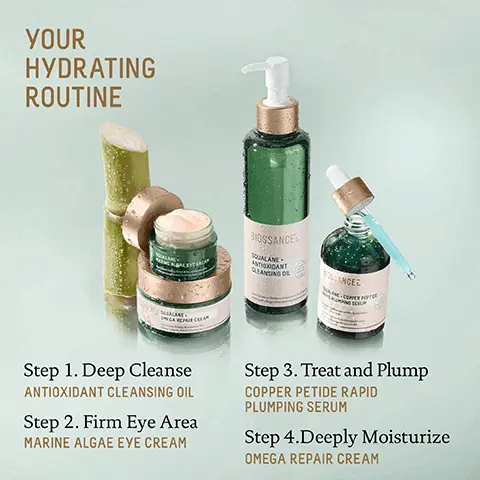 Image 1, YOUR HYDRATING ROUTINE BIOSSANCE QUALANE ANTIOXIDANT GLEANSING CL SANCE Step 1. Deep Cleanse ANTIOXIDANT CLEANSING OIL Step 2. Firm Eye Area MARINE ALGAE EYE CREAM Step 3. Treat and Plump COPPER PETIDE RAPID PLUMPING SERUM Step 4.Deeply Moisturize OMEGA REPAIR CREAM Image 2, ANTIOXIDANT CLEANSING OIL COPPER PEPTIDE RAPID PLUMPING SERUM MARINE ALAGE EYE CREAM OMEGA REPAIR CREAM