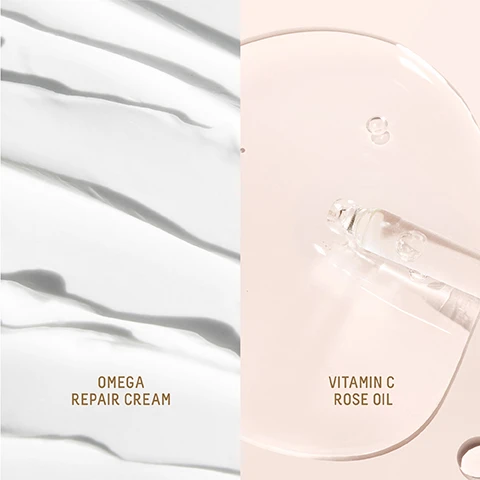 Image 1, swatches of omega repair cream and vitamin c rose oil. image 2, immediately after using the omega repair cream 100% agree skin firmness and suppleness is improved. after 3 weeks of using the rose oil 97% agree skin firmness and suppleness is improved. based on a consumer study of 40 women, aged 30-65 after immediate use. based on a 21 day consumer study of 32 women aged 18-67 after 21 days of twice daily use. image 3, merry makeup prep. step 1 = moisturise with omega repair cream. step 2 = lock it in with vitamin c rose oil. image 4, gift size and travel size 15ml.
