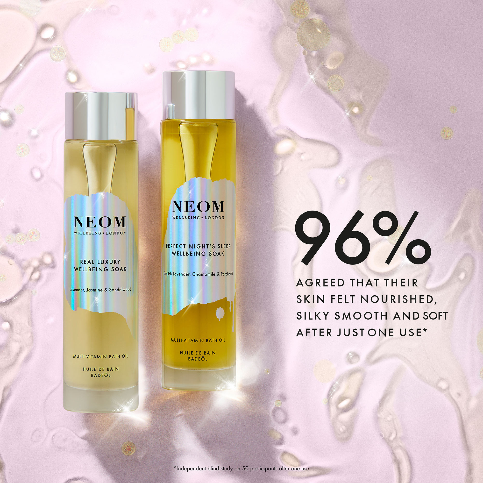 NEOM NEOM REAL LUXURY WELLBEING SOAK VITAMIN BATH ELECT NIGHT'S SUD WELLBEING SOAK KASVITAMIN BATH LAIN RADIO 96% AGREED THAT THEIR SKIN FELT NOURISHED, SILKY SMOOTH AND SOFT AFTER JUST ONE USE* MADEOL "Independe blindady on 50 porciones ober one use
