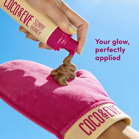 Image 1 - A hand with yellow nail polish dispenses brown self-tanner from a cream and pink bottle labeled COCO & EVE SUNNY HONEY onto a pink tanning mitt with COCO & EVE written on its cuff, against a bright blue sky with the text Your glow, perfectly applied. Image 2 - A persons tanned leg and arm are visible against a blue sky with clouds, with a smear of dark tanning product on the thigh and a hand wearing a fuchsia pink mitt that reads COCO & EVE on its wristband, alongside the text Applies formula evenly, Soft, hypo-allergenic velvet, Secure, glove-like fit. Image 3 - A person holds a pink tanning mitt with COCO & EVE on its cuff against their thigh on a sandy beach with a blue sky and turquoise ocean, with text overlay reading Glow-Ready, Wherever You Are.