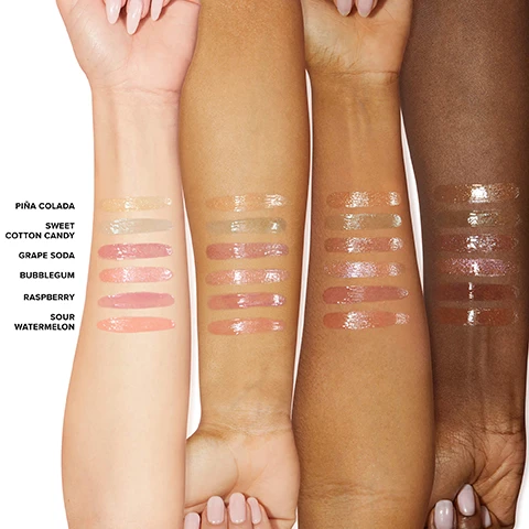 Image 1, swatches of pina colada, sweet cotton candy, grape soda, bubblegum, raspberry and sour watermelon on four different skin tones. image 2, non sticky candy shine and cushiony. doe foot or luxurious application