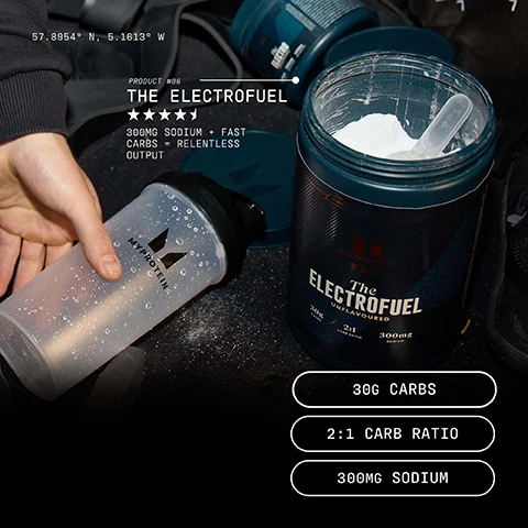 Image 1 - A persons hand holds a transparent shaker bottle with a logo while a container of unflavored The Electrofuel powder sits nearby, showing details such as 30g carbs, 2:1 carb ratio, and 300mg sodium.
Image 2 - A person in a black athletic outfit runs on a track with trees and a field in the background, and the visible text includes OPTIMALLY DOSED, HIGHEST QUALITY, NO COMPROMISES.