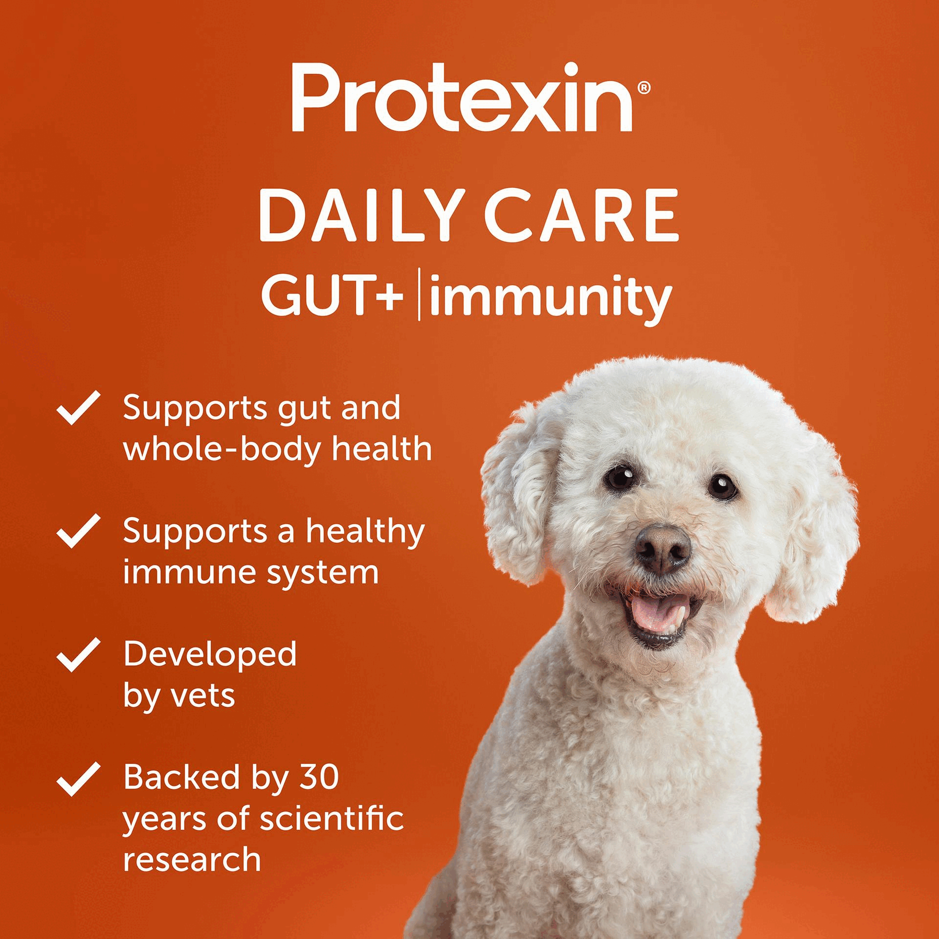 Image 1 GIF - A happy white fluffy dog is pictured on an orange background, accompanied by text that reads Protexin, Daily Care Gut+ | immunity, Supports gut and whole-body health, Supports a healthy immune system, Developed by vets, and Backed by 30 years of scientific research. Image 2 GIF - The image displays white text on a red background and a grey logo, stating SMARTER PETCARE POWERED BY BIOTICS. Backed by 30 years of scientific research, we have developed Protexin Daily Care Gut+ to revolutionise pet wellness. Support the balance of your dogs gut and look after them in the smartest way possible – from the inside, out. The grey circular logo reads PETBIOTIX, with an intestinal pattern and the words GOOD GUT HEALTH, and a grey rectangle below lists checked items: PREBIOTICS, PROBIOTICS, POSTBIOTICS. Image 3 GIF - A graphic on an orange background displays product features with white text and icons: the heading TASTES GOOD, DOES GOOD, followed by an intestine icon with A delicious daily chew, packed with good bacteria, a turkey icon with Turkey and cranberry flavour for a taste theyll love, and a dog paw print icon with Suitable for dogs of all sizes. Image 4 GIF - An open hand holds a heart-shaped treat above a red background with a table outlining dog chew dosage, titled How many, how often?, with columns: Size of dog, Chews per day, 1 pouch lasts, Deliver every; and rows: Small (<15kg) 1 chew 60 days 2 months; Medium (15-30kg) 2 chews 30 days 1 month; Large (30-45kg) 3 chews 20 days 3 weeks; Extra-large (>45kg) 4 chews 15 days 2 weeks. Image 5 GIF - A happy white and brown dog with blue eyes lies on its back in the bottom right corner of an orange background, next to text that reads: OUR ACTIVE INGREDIENTS Daily support for a healthy gut and immune system. Prebiotic: Inulin (Cichorium intybus L.). Probiotic: Bacillus velezensis DSM 15544. Postbiotics: Inactivated Bifidobacterium animalis subsp. lactis CECT8145 BPL1®, Inactivated Bifidobacterium longum CECT7347 ES1. Inactivated yeast (Pichia guilliermondi). Other active ingredients: Turmeric, apple cider vinegar, zinc clycinate. Image 6 GIF - A collection of Protexin pet health products, including pouches of Daily Care soft chews for skin and coat and immunity, a tub of Pro-Fibre powder, and Pro-Kolin paste in a box and syringe, displayed against a blue background with the text Protexin, Powered by science, packed full of life, and Part of the Protexin family.