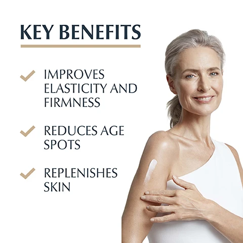 Image 1, key beenfits - improves elasticity and firmness. reduces age spots. replenishes skin. image 2, anti age, intense hydration, for body. image 3, hyaluronic acid, thiamidol, arctiin. image 4, clinically proven results, 97% confirm firmness and elasticity. product in use studies over 4 weeks with a total of 130 women. image 5, discover more = 3D serum, day cream, hand cream