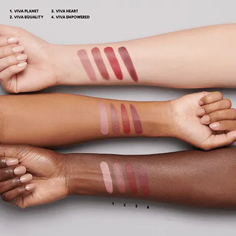 Image 1, 1 viva planet, 2 viva equality 3 viva heart 4 viva empowered Image 2, ﻿ OUR ICONIC LIPSTICK: NOW MAXED OUT WITH MORE COMFORT NEW ximal MAC SILKY MATTE LIPSTICK ORGANIC SHEA BUTTER COCONUT OIL ORGANIC COCOA BUTTER Image 3, ﻿ BEFORE MORE COLOUR. MORE COMFORT. MORE LONGWEAR. AFTER AC