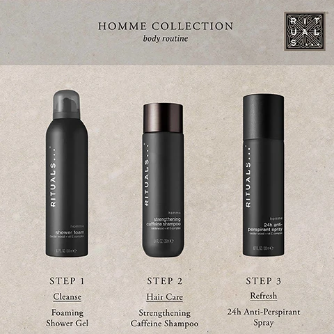 Image 1, homme collection body routine. step 1 = cleanse with foaming shower gel. step 2 = hair care with strengthening caffeine shampoo. step 3 = refresh with 24 hour anti-perpirant spray. image 2, cedarwood and vitmain e complex. nourishes and protects skin and helps invigorate the mind