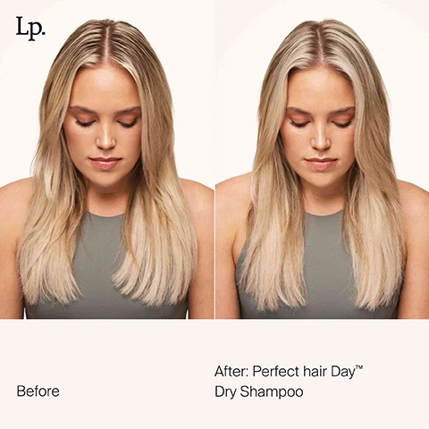 Image 1 - A split image shows a woman with blonde hair looking down, with the left side displaying hair with oily roots and less volume, and the right side showing clean roots and increased volume, with text reading Lp. Before and After: Perfect hair Day™ Dry Shampoo. Image 2 - A split image shows a womans long, wavy light brown hair before and after using dry shampoo, appearing less oily and more voluminous on the right, with visible text Lp. Before After: Perfect hair Day™ Dry Shampoo.