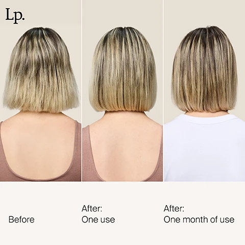 Image 1 - A three-panel image compares the back of a persons bob-length hair: the left shows frizzy, light blonde and brown hair; the middle shows smoother hair after one use; and the right shows even smoother, slightly darker hair after one month of use, with text Lp., Before, After: One use, After: One month of use. Image 2 - A three-panel before-and-after image of a woman with blonde hair and a nose ring, comparing her appearance labeled Before, After one use, and After one month of use, with the text Lp. visible.