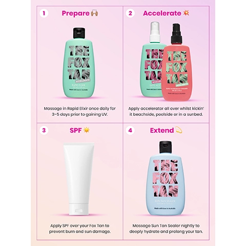 1 = prepare, massage in rapid elixir once daily for 3-5 days prior to gaining UV. 2 = accelerate, apply accelerator all over whilst kickin it beachside, poolside or in a sunbed. 3 = SPF, apply SPF over your fox tan to prevent burn and sun damage. 4 = extend, massage sun tan sealer nightly to deeply hydrate and prolong your tan.