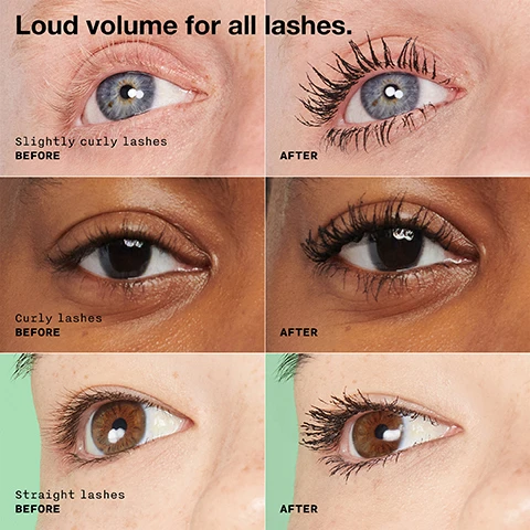 Image 1, loud volume for all lashes. slightly curly lashes before and after. curly lashes before and after. straight lashes before and after. image 2, 230% more volume instantly, clinical testing on 31 women. image 3, high def wave brush combs and coats every lash. fibre infused formula turns up volume to the max, ultra intense pigments for impact in 1 applications. nourishing oil blend helps condition lashes. image 4, precision tip defines corner lashes. high def wave brush coats and combs every lash. image 5, full size vs mini