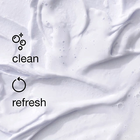 Image 4 - A textured background of white foam with an icon of bubbles and sparkles next to the word clean, and an icon of a circular arrow next to the word refresh. Image 5 - A white spoon stirs a clear, viscous liquid in a clear bowl, with the text 10% glycerin + hyaluronic acid help keep skin conditioned and nourished. Image 6 - A triptych shows a womans face in three stages: before cleansing, during cleansing with foam on her face and hand, and after cleansing with clear skin, labeled Before, During, After. Image 8 - A woman applies a pink cream to her cheek with one hand while holding a jar of the cream in the other, with text that reads Can be used under or over makeup and also as a 5-minute mask and CLINIQUE moisture surge 100H auto-replenishing hydrator soin auto-rehydratant 100H. Image 9 - A Clinique Moisture Surge 100H auto-replenishing hydrator jar is centered among glass dishes showcasing its ingredients: a swirl of hyaluronic acid, green aloe vera slices in aloe bio-ferment, and aloe vera slices with activated aloe water.