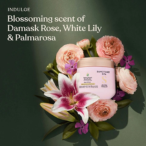 Image 1, indulge blossoming scent of damask rose, white lily and palmarosa. image 2, made with moroccan argan oil shea butter. image 3, cruelty free, vegan product, 93% natural origin, 0% mineral oil, contains recycled plastic.