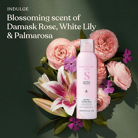 image 1, indulge blossoming scent of damask rose, white lily and palmarose. image 2, made with rose flower oil, lotus flower oil. image 3, cruelty free, vegan product, 0% mineral oil, contains recycled plastic