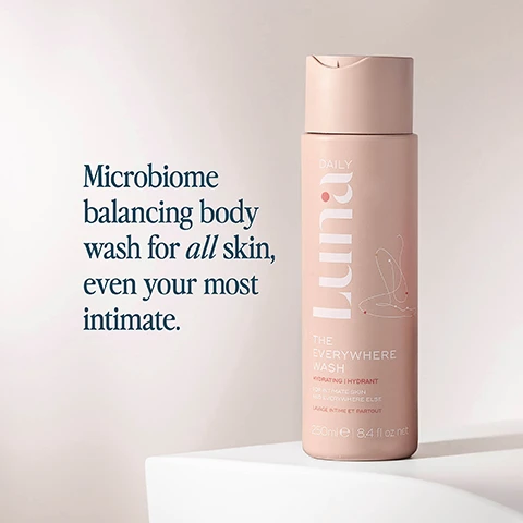 Image 1, microbiome balancing body wash for all skin, even your most intimate. image 2, powered by therma-biome TM. thermal water - mineral rich helps hydrate, soothe and balance. prebiotics inulin and lactic acid helps maintain a healthy ph microbiome. vitamins e, c and f - helps to deeply nourish and soften skin. plus omega 3 and 6 maintains the skin's water barrier and protects against dryness. image 3, really impressed, works well as an all over body wash, i have dry and sensitive skin and this leaves my skin soft and hydrated. image 4, blended with gentle notes of fresh cotton. allergen free, tested on all skin types, including intimate skin. image 5, wash and go. step 1 = ph balanced body wash. step 2 = instant cleansing body spray. perfect for pockets. image 6, for all skin types. ylang ylang tamanu and jasmine prebiotics and vitamins e, c and f. fresh cotton - prebiotics and omegas 3 and 6. fragrance free, prebiotics plus vitamins e, c and f. image 7, how to recycle - separate cap, use excess product then rinse bottle, recycle. made from 30% recycled plastic.