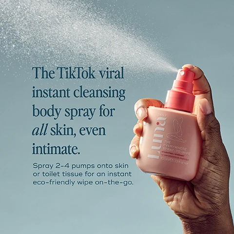 Image 1, the tiktok viral instant cleansing body spray for all skin, even intimate. spray 2-4 pumps onto skin or toilet tissue for an instant eco-friendly wipe on the go. image 2, on the go, on your period, post gym, pre or post sex, hot flushes, reduce redness, hydrate dry skin, soothe sensitive skin. image 3, signature scent, blended with gentle notes or fresh cotton. image 4, it's so useful to have in my bag while travelling and freshen up on the go, whilst keeping my skin hydrated. image 5, how to recycle your spray. 1 = separate cap and recycle. 2 = remove pump. 3 = rinse bottle and recycle. or re-use fill water, pop in fridge for an instant cooling spray. made from 30% recycled plastic. image 6, for all skin types. original - moisturising daily care for all skin types. hydrating = dry, dehydrated or homonally reactive skin. fragrance free = sensitive or allergy prone skin. image 7, full size = 300 wipes. mini = 100 wipes.
