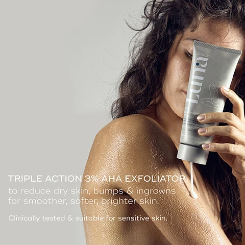 Image 1, triple action 3% AHA exfoliator. to reduce dry skin, bumps and ingrowns for smoother, softer and brighter skin. clinically tested and suitable for sensitive skin. image 2, exfoliate without the damage. did you know? over exfoliation from harsh, chemical scrubs can actually cause the dry, peeling skin you're trying to combat. image 3, after 1 use - the everywhere exfoliator. image 4, after 48 hours, the everywhere exfoliator. image 5, signature scent - blended with fresh notes tamanu, jasmine and ylang ylang. allergen free. image 6, 4 steps to restore your skin barrier. 1 = wash daily with PH balanced with the everywhere wash. 2 = exfoliate twice weekly with the everywhere exfoliator. 3 = moisturise with the everywhere lotion. 4 = treat ingrown hairs, dark spots and bumps with the oil.