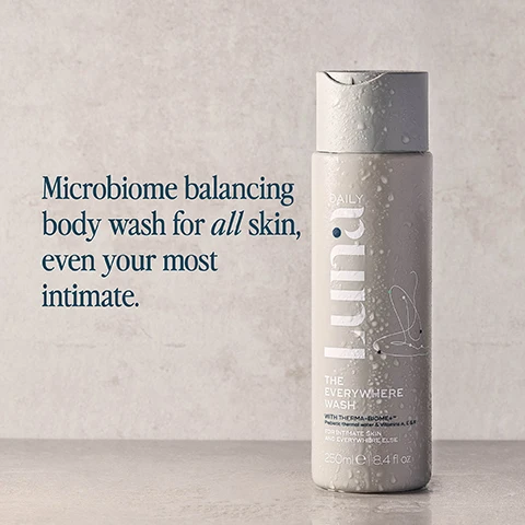 Image 1, microbiome balancing body wash for all skin even your most intimate. image 2, powered by therma biome tm. thermal water - mineral rich helps hydrate soothe and balance. prebiotics inulin and lactic acid helps maintain a healthy ph microbiome. vitamins e, c an f helps to deeply nourish and soften skin. plus coconut oil for a gentle cleansing without harsh soaps. chamomile extract for its anti-inflammatory properties. image 3, blended with fresh notes of tamanu, jasmine and ylang ylang. allergen free, tested on all skin types including intimate skin. image 4, i absolutely love this product, i've always struggled to find a body wash that doesn't irritate or dry out my skin and this is a game changer. image 5, wash and go. step 1 = ph balanced body wash. step 2 = instant cleansing body spray. available in handy travel size. image 6, for all skin types. ylang ylang tamanu and jasmine - prebiotics vitamins e, c and f. fresh cotton - prebiotics, omegas 3 and 6. fragrance free, prebiotics vitamins e, c and f. image 7, how to recycle, separate cap, use excess product then rinse bottle, recycle. made from 30% recycled plastic.