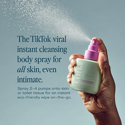 Image 1, the tiktok viral instant cleansing body spray for all skin even intimate. spray 2-4 pumps onto skin or toilet tissue for an instant eco-friendly wipe on the go. image 2, on the go, on your period, post gym, pre or post sex, hot flushes, reduce redness, hydrate dry skin, soothe sensitive skin. image 3, love this, so nice to be able to freshen up without a strong fragrance or worry about wipes going into landfill. image 4, how to recycle your spray. 1 = separate cap and recycle. 2 = remove pump. 3 = rinse bottle and recycle. or re-use fill water, pop in the fridge for an instant cooling spray. made from 30% recycled plastic. image 5, for all skin types. original = moisturising daily care for all skin types. hydrating = dry, dehydrated or hormonally reactive skin. fragrance free - sensitive or allergy prone skin. image 6, full size = 300 wipes. mini = 100 wipes. travel friendly.