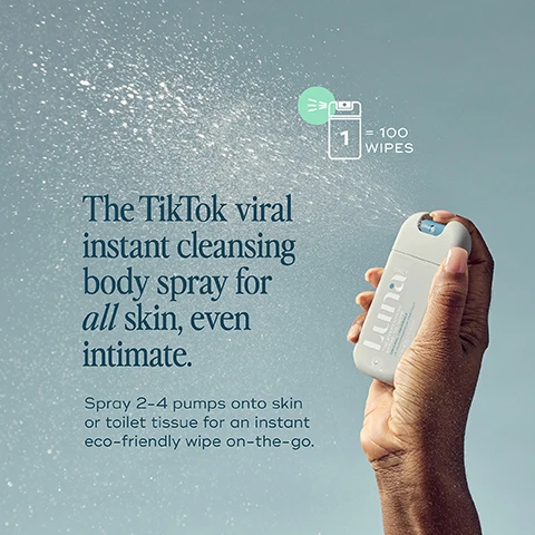 Image 1, the tiktok viral instant cleansing body spray for all skin, even intimate. spray 2-4 pumps onto skin or toilet tissue for an instant eco-friendly wipe on the go. image 2, your pocket sized shower in a bottle. sweaty days, odour, travelling armpits, on your period, between thighs, under boobs, everywhere. image 3, signature scent - blended with fresh notes of tamanu, jasmine and ylang ylang and soothing aloe. image 3, like a 30 second shower in a bottle. this product is amazing - i keep it in my travel bag and use it every time i need to freshen up. i love how it allows me to really clean up without having to carry wipes around. no smell, no hassle, totally recommend. image 4, hydrating - dry, dehydrated or homonally reactive skin, fragrance free - sensitive or allergy prone skin. original - daily care for all skin types. image 5, full size = 300 wipes, mini = 100 wipes. travel friendly.