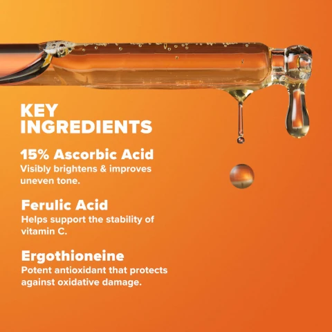 key ingredients - 15% ascorbic acid visibly brightens and improves uneven tone. ferulic acid helps support the stability of vitamin c. ergothioneine potent antioxidant that protects against oxidative damage
