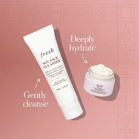Image 1, Gently cleanse fresh SOY FACE CLEANSER FOR ALL SKIN TYPES ICH IN AMINO ACES GENTLY CLEANSES TACE NETTOYANT VISAGE AU SOJA SOM-O Deeply hydrate fresh ROSE Image 2, Soy Face Cleanser + +10% IMMEDIATE HYDRATION' *INSTRUMENTAL TEST, 11 SUBJECTS Rose Face Cream 72 hr DEEP HYDRATION
