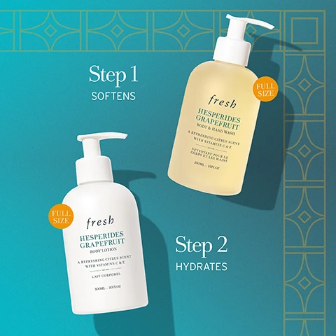 Image 1, step 1 = softens. step 2 = hydrates. image 2, induldge your skin and senses. hesperides grapefruit body wash 6 hour hydration after rinsing. hesperides grapefruit body lotion 24 hour hydration. instrumental test 30 subjects.
