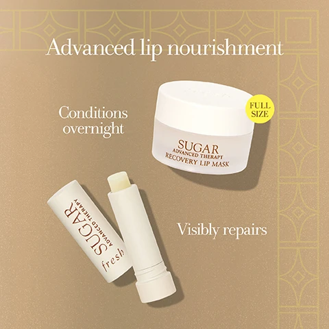 Image 1, advanced lip nourishment. conditions overnight, visibly repairs. image 2, clinically proven benefits. sugar recovery lip mask. +38% instantly smoother lips. sugar advanced therapy 100%. agreed it relieved and soothed dry lips.