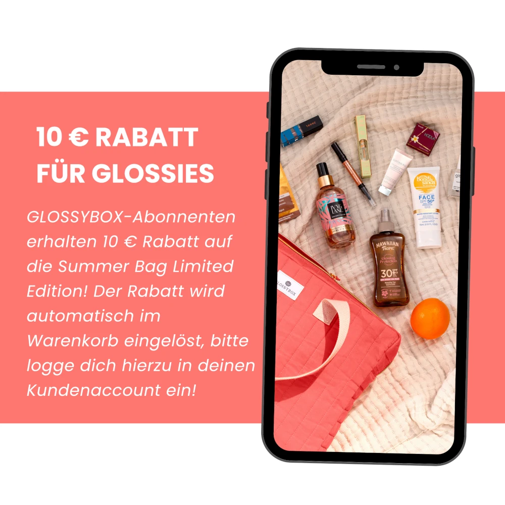 10 euro rabatt fur glossies. glossybox - abonnentent arhalten 10 euro rabatt auf die summer bag limited edition. der rabatt wird automatisch im warenkorb eingelost, bitte logge dich hierzu in deinen kundernaccount ein
