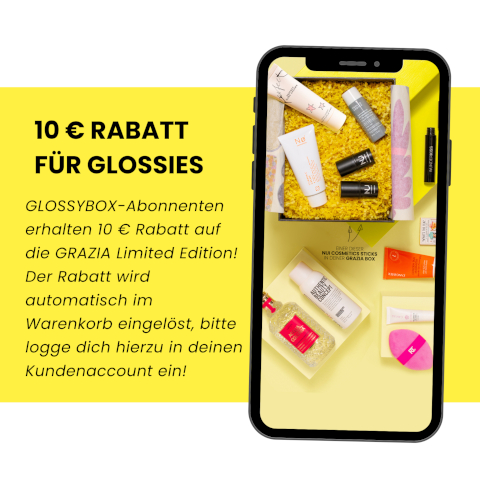 10 € RABATT FÜR GLOSSIES GLOSSYBOX-Abonnenten erhalten 10 € Rabatt auf die GRAZIA Limited Edition! Der Rabatt wird automatisch im Warenkorb eingelöst, bitte logge dich hierzu in deinen Kundenaccount ein! ACC COLONIA K PEPPER & AUTHENTIC BEAUTY INCEPT sand ww JONG HOLD 100- ITAMIN C Nø cosmetics IFECT JACOB EINER DIESER NUI COSMETICS STICKS IN DEINER GRAZIA BOX 211 211 s PAOICE Liquid telic A Lactic Aci id Exfoliant Type MAXIMIZER WHAT'S THE TEA? WUNDERKISS RT.