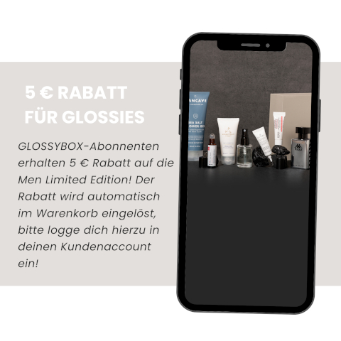 5 € RABATT FÜR GLOSSIES GLOSSYBOX-Abonnenten erhalten 5 € Rabatt auf die Men Limited Edition! Der Rabatt wird automatisch im Warenkorb eingelöst, bitte logge dich hierzu in deinen Kundenaccount ein! ANCAVE