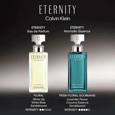 Image 1, lavender flower, coconut accord, creamy sandalwood. image 2, eternity eau de parfum, floral, white rose, sandalwood, white lily. intensity 2 out of 5. eternity aromatic essence - fresh floral gourmand, lavender flower, coconut essence and sandalwood. intensity 4 out of 5.