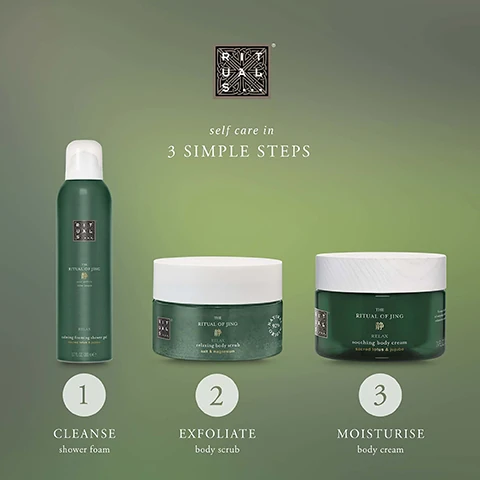 self care in 3 simple steps. 1 = cleanse with shower foam. 2 = exfoliate with body scrub. 3 = moisturise with body cream
