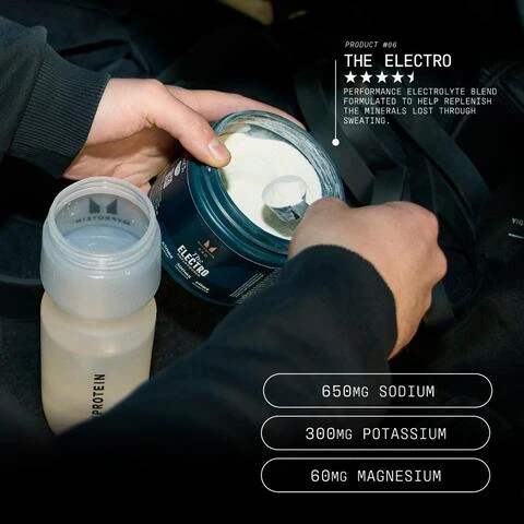 Image 1 - A person is holding a container of electrolyte powder labeled THE ELECTRO with a scoop inside, while a clear bottle labeled PROTEIN is in front, displaying nutritional information of 650mg sodium, 300mg magnesium, and 60mg potassium.
Image 2 - A person in a black running outfit is sprinting across a track with trees and a field in the background, accompanied by the text optimally dosed, highest quality, no compromises.