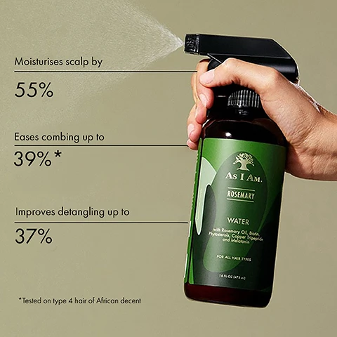 Image 1 - A hand holds a spray bottle labeled As I Am Rosemary Water, with text highlighting benefits: Moisturises scalp by 55%, Eases combing up to 39%, Improves detangling up to 37%, and tested on type 4 hair of African descent.
              Image 2 - A bottle of As I Am Rosemary Water is displayed against a light green background, with text stating it strengthens hair up to 30%, moisturizes hair up to 36%, and reduces scalp water loss by 31%, along with footnotes about the testing conditions.