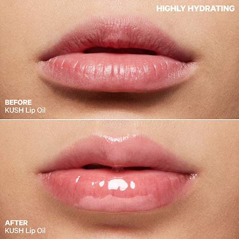 Image 1, before kush lip oil and after. highly hydrating. image 2, highly hydrating. hemp seed oil, sunflower oil, coconut oil, camellia japonica oil. 97% natural formula packed with nourishing oils to boost hydration for smoother, fuller looking lips. image 3, pick your lip, slick on the shine without the stick. kush lip oil - cushiony oil, sheer tint, shiny finish. odyssey lip oil gloss - high shine gloss, semi-opaque colour, cream and shimmer finish. image 4, swatches of 1 = chocolate cake, chocolate brown with cocoa flavour. 2 = orange crush, orange with citrus flavour. 3 = pink magic, hot pink with a watermelon flavour. 4 = green dragon, clear with a sage and peppermint flavour. 5 = cookie dough, rosy beige with a tahitian vanilla flavour. 6 = dream machine, mauve with a guava flavour. super sheer tint. image 5, universal super sheer shades. image 6, what's your flavour, there's a kush for whatever you're craving. green dragon - sage and peppermint, pink magic - watermelon. chocolate cake - cocoa. orange flush - citrus. dream machine - guava. cookie dough - tahitian vanilla